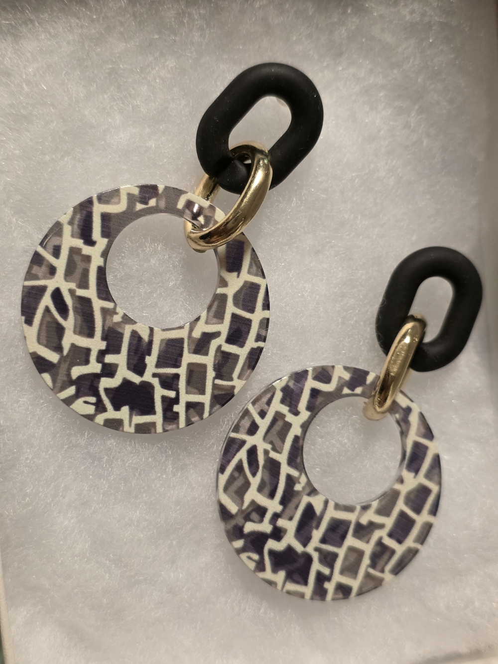 Contemporary Black & Cream Patterned Hoop Drop Earrings